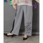 パンツ 553280：異素材切替×花束刺繍パンツ レディース