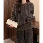 パジャマ ルームウェア ケーブルボア もこもこニット風 ルームウェアセットアップ レディース