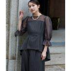 ショッピングストライプ パンツドレス キャンディースリーブペプラムストライプブラウス＋ワイドパンツセットアップ