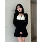 ワンピース ネックリボンデザインフレアニットミニワンピース