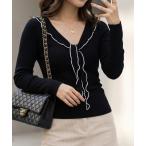 ニット セーター 配色ライン リボンタイ Vネックニットトップス レディース