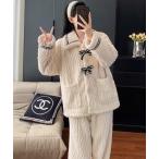 ルームウェア 部屋着 リボンデザイン ストライプ柄 モコモコあったかいルームウエア セットアップ レディース