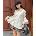 ショッピングシフォン ブラウス シャツ レース襟ヘンリーネック ドットシフォン切替ペプラムチュニック レディース