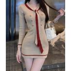 ワンピース リボンタイミニワンピース配色ニットドレス