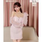 ショッピング桃 ドレス 「伊藤桃々着用」輝くスパンコールツイードに肩見せでSEXYなオフショル×ギャザーチュール袖ミニ丈キャバドレス