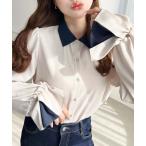 ブラウス シャツ バイカラー配色キャンディースリーブ長袖ブラウス レディース
