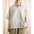 ショッピングprit ブラウス シャツ 「prit」 コットンリネンウェザー近江晒加工 5分袖レギュラーカラービッグシャツ レディース