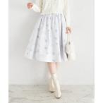 スカート スエードフラワープリントウエストタックフレアスカート