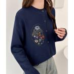 カーディガン 花柄刺繍クルーネックニットカーディガン レディース