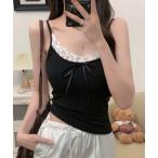 キャミソール 配レース リボン付き カップ付き リブ キャミソール