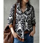 ブラウス シャツ 長袖 レギュラーカラー ダマスク 柄シャツ レディース