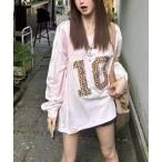 ヒョウ柄ナンバリングスポーティーVネックトップス レディース