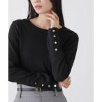 tシャツ メタルボタンスリーブクルーネックリブカットトップス レディース