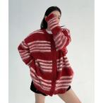 カーディガン 韓国ファッション ボーダー柄クルーネックモヘアニットカーディガン レディース