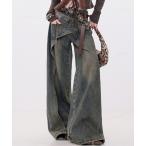 ジーンズ デニム デニムパンツ 韓国ファッション 左右非対称デザインハイウエストワイドデニム レディース