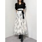 ショッピングラベンダー ワンピース ブーケ花柄ニットドッキンツワンピース