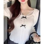 tシャツ フロントリボン衿レース付トップス レディース