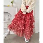 スカート チェックフラワーフリルチュールロングスカート