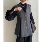 ベスト ジレ タック切り替えペプラムＶネック金ボタンベスト レディース