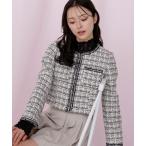 ジャケット ノーカラージャケット ビジューブレード付きツイードジャケット レディース