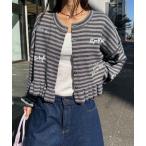 カーディガン メッセージ刺?配色ロゴフリルニットカーディガン レディース