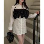 シャツワンピース レースラッフルビスチェ×ギャザーシャツミニワンピース