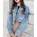 ショッピング綿 デニムジャケット gジャン 袖リボンクロップド丈Gジャン レディース