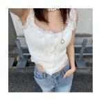 タンクトップ ノースリーブ レースフリル リブタンクトップ レディース