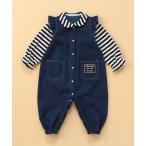 ベビー服 ロンパース デニムライクストレッチ 肩フリル フェイクレイヤードツーウェイオール