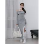 ワンピース レースドッキングオフショルスリットロングワンピース