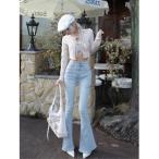 ジーンズ デニム デニムパンツ ドロップビジューフレアデニムパンツ レディース