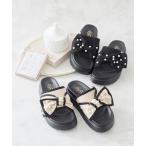 サンダル 厚底 パールリボン ニットサンダル レディース