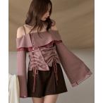 ブラウス シャツ frill offshoulder stitch ribbon tops / フリルオフショルダーステッチリボントップス レディース