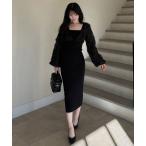 ワンピース 3Dフラワーチュールドッキングニットタイトワンピース