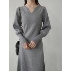 ドレス ハートネックパフスリーブドレス/グレー