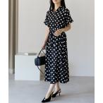シャツワンピース ドットプリント ロングシャツ ワンピース/前開き・共布ベルト付き