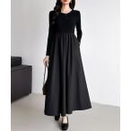 ワンピース ふんわり大人フェミニン ドッキングフレアワンピース 切り替えワンピース ドッキング ワンピース ロング 長袖