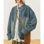 ショッピング古着 デニムジャケット gジャン 古着風ノーカラーデニムアウター レディース