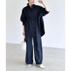 ショッピング洗濯機 セットアップ quaranciel:「洗濯機可能」ギャザー シャツ ＆ イージー パンツ セットアップ レディース