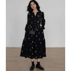 ワンピース Vネックボタン付き花柄フレアワンピース