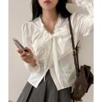 ブラウス シャツ 「春夏新作」胸リボン袖口レースV開きブラウス レディース