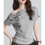 tシャツ プリントデザインサイドギャザーオフショルダー+Tシャツ レディース