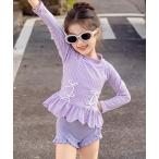 水着 「キッズ水着 ビキニ」長袖プチハイネックギンガムチェックリボントップス+フリルリブショートパンツ+スイムキャップ 3点セット