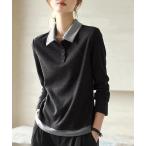 ブラウス シャツ 配色ポロ襟×レイヤード風トップス レディース