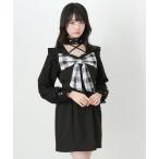 ワンピース ビッグリボンハートスタッズチョーカー風レース袖フリルワンピース