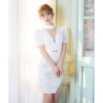 ドレス キャバドレス タイト ミニドレス ハイネック 谷間シースルー 半袖 ウエストベルト パフスリーブ ストーン