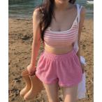 ショッピングパイル 水着 パイルボーダー ショートパンツ ビキニ 水着3点セット レディース