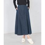ショッピングミモレ丈 デニムスカート デニム接ぎフレアスカート