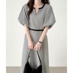 ワンピース 配色キーネックストラップ柄ワンピース