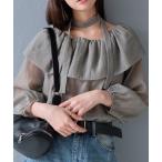 ブラウス シャツ タイ付き 前後2WAY ラメ入りシアーオフショルブラウス レディース
